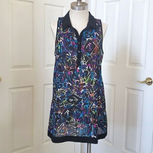 🔴 NICOLE MILLER Sleeveless Collared Top Tunic Colorful Black Bold Lightweight - Picture 2 of 13